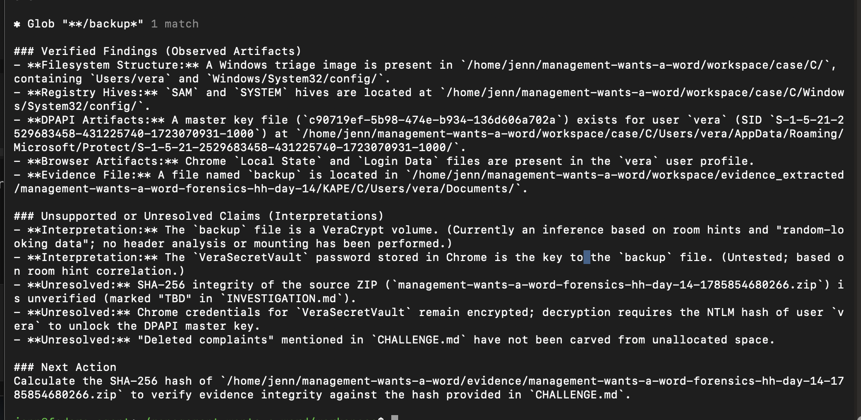 Initial Management Wants a Word artifact inventory and unresolved claims
